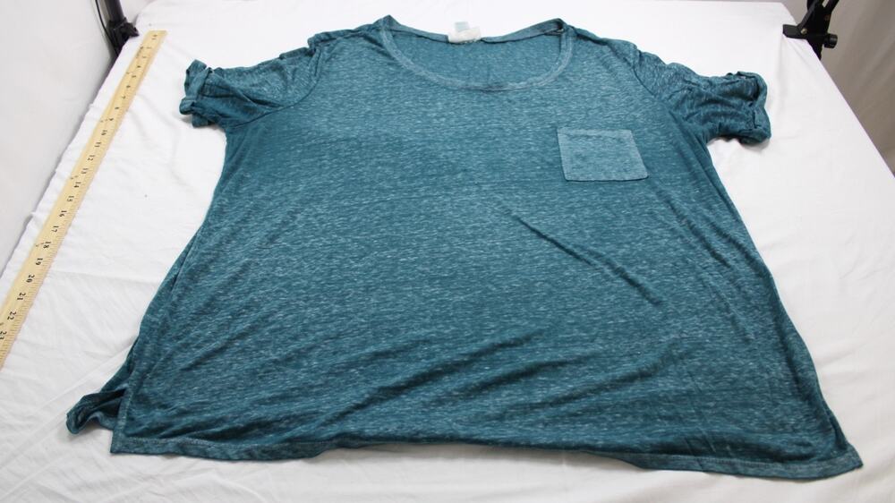 Just Be Women's 3X Teal Heathered Pocket T-Shirt Ruched Sleeve Plus Size Top
